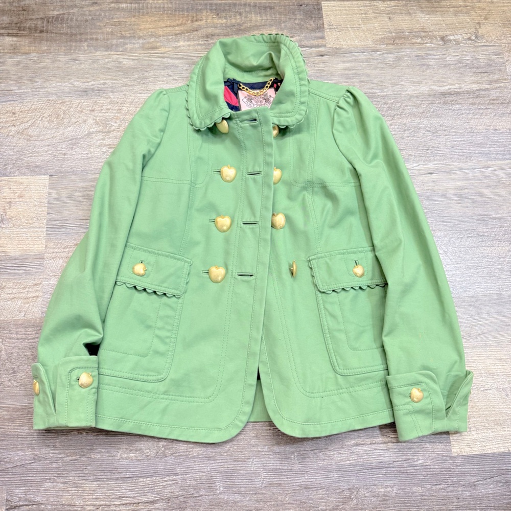 Juicy Couture Green Peacoat with scalloped edges, apple buttons Size Small